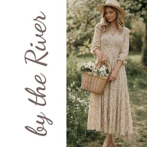 By the River Romantic Floral Boho Smocked Tiered Maxi Dress Cream Yellow, Medium